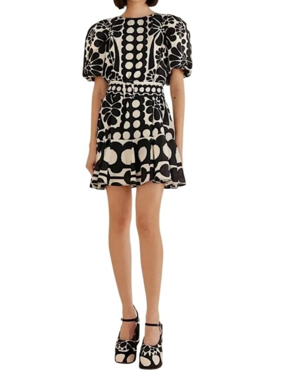 NWT Farm Rio Palermo Puff Sleeve Tie-Waist Mini Dress XS MSRP $225